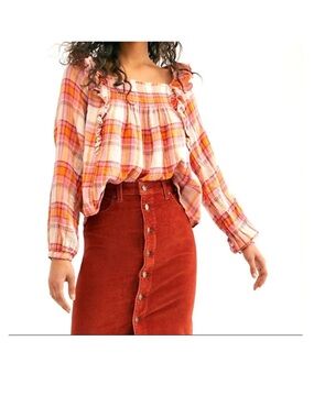 Free People Pink & Orange Knit Plaid Top NWT Size Large